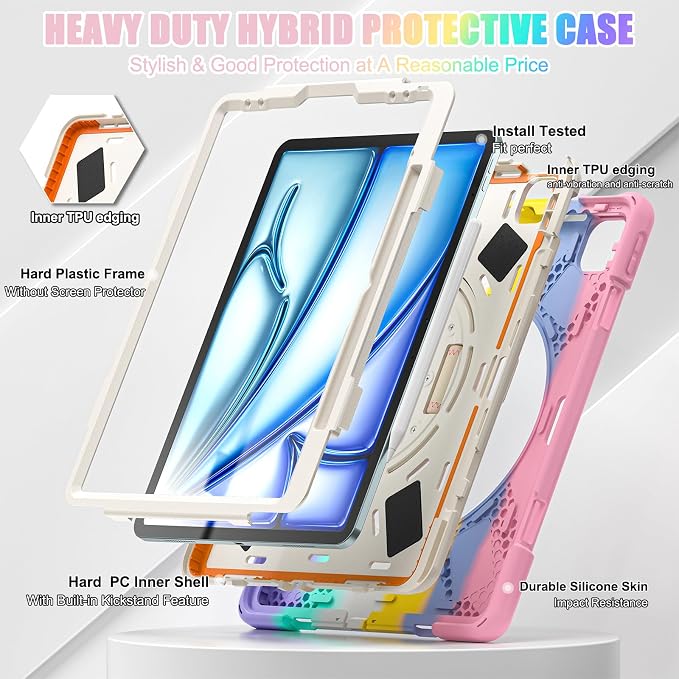 Batianda VortiGrip Case for iPad Air 11 M2/M3/M4 2024-2026 Colorful Blue | Heavy Duty Triple-Layer Rugged Case with 360° Rotating Hand Strap Foldable Hidden Stand Shoulder Strap and Pencil Holder