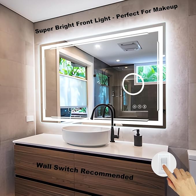 30''X48'' LED Bathroom Mirror with Lights, Built-in Bluetooth Speaker and 3X Magnifier, Anti-Fog Dimmable Backlit + Front Lit, Lighted Vanity Makeup Wall Mirrors, Shatter-Proof IP65 Waterproof