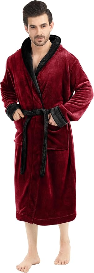 NY Threads Mens Robe with Hood, Luxury Plush Fleece Hooded Mens Bathrobe, Spa Bath Robe for Men
