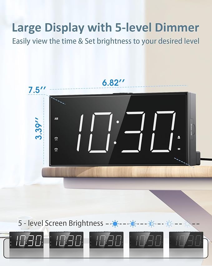 Loud Alarm Clock with Bed Shaker for Heavy Sleeper, Dual Vibrating Alarm Clock with USB Charger for Hard of Hearing/Deaf, 7.5’’ Large LED Display with Dimmer, Snooze, 12/24H & Battery Backup