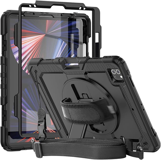 iPad Pro 11 Inch Case 2024 with Screen Protector Pen Holder | iPad Pro 11 5th Generation Case | Three Layer Shockproof Defender Protective Cover W/Stand Hand Strap for iPad A2836/A2837 | Black