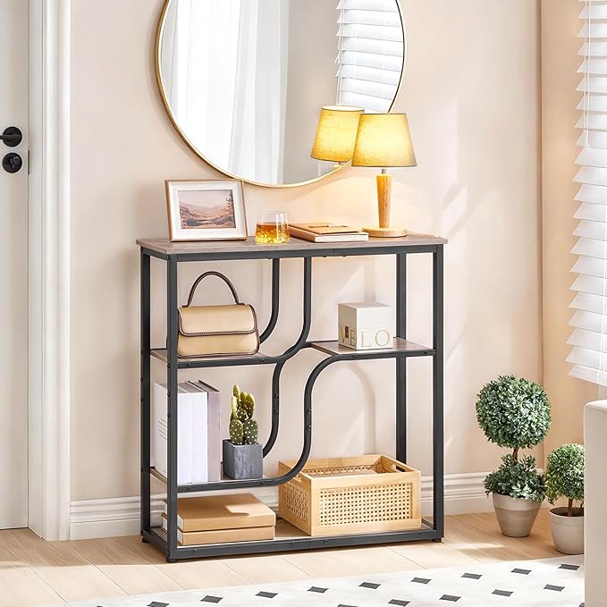 HOOBRO 29.5" Console Table, 5-Tier Sofa Table, Behind Couch Table with Storage Shelves for Hallway, Living Rooms, Entryway, Greige and Black BG69XG01