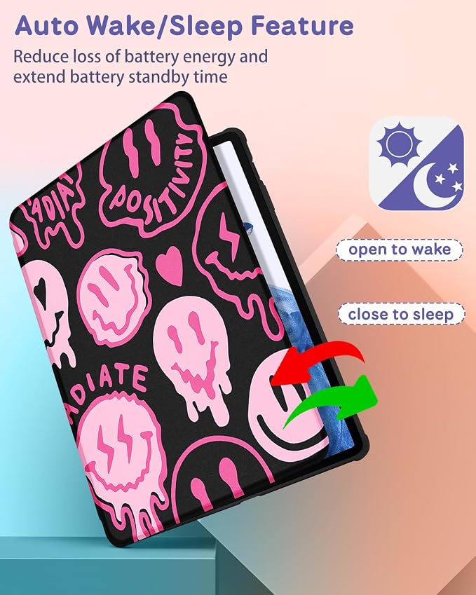 Wazzasoft for Samsung Galaxy Tab S7/S7 Plus/S8 Plus Case - 12.4 Inch Folio Cover with Pencil Holder - Women/Girl Cute Girly Black Flower Unique Design - Rotating Tablet Case