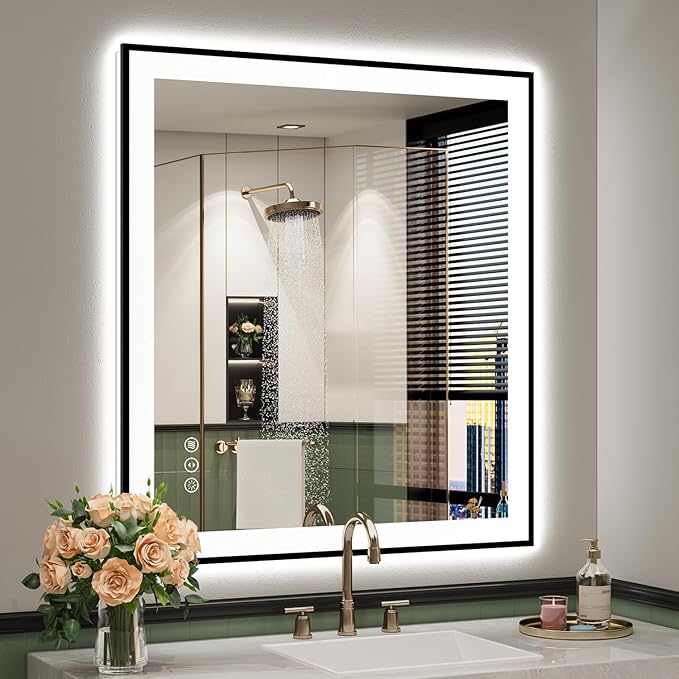 YEELAIT 32x36 Inch LED Bathroom Mirror with Lights (Front Lit and Backlit) Black Framed Lighted Vanity Mirror for Bathroom Wall Dimmable Anti-Fog Memory Tempered Glass Horizontal/Vertical