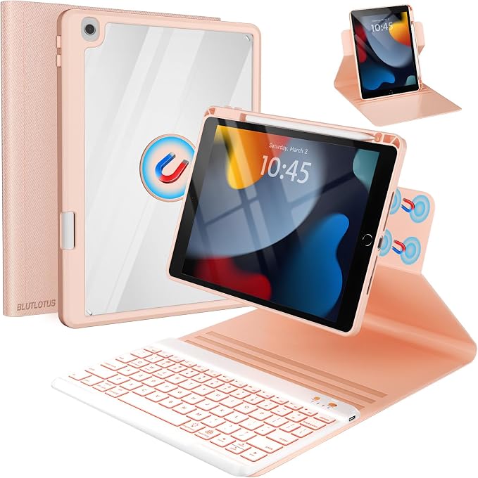 BLUTLOTUS Keyboard case for iPad 9th/8th/7th Generation 10.2 Inch - Backlit Wireless Detachable Folio Keyboard Cover with Pencil Holder for iPad 9th/8th/7th Gen Air 3rd Generation 10.5 Inch