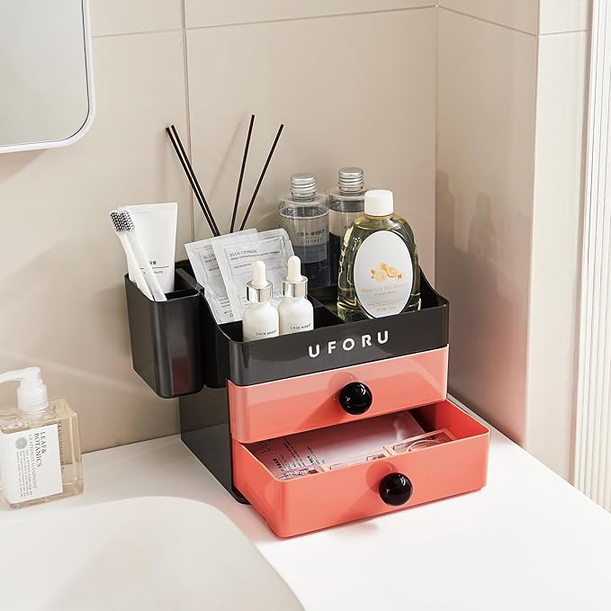 Makeup Organizer for Vanity with Brush Holder, Countertop Organizer with 2 Drawers, Spacious Cosmetic Display Case for Beauty Essential, Skincare, Lipstick