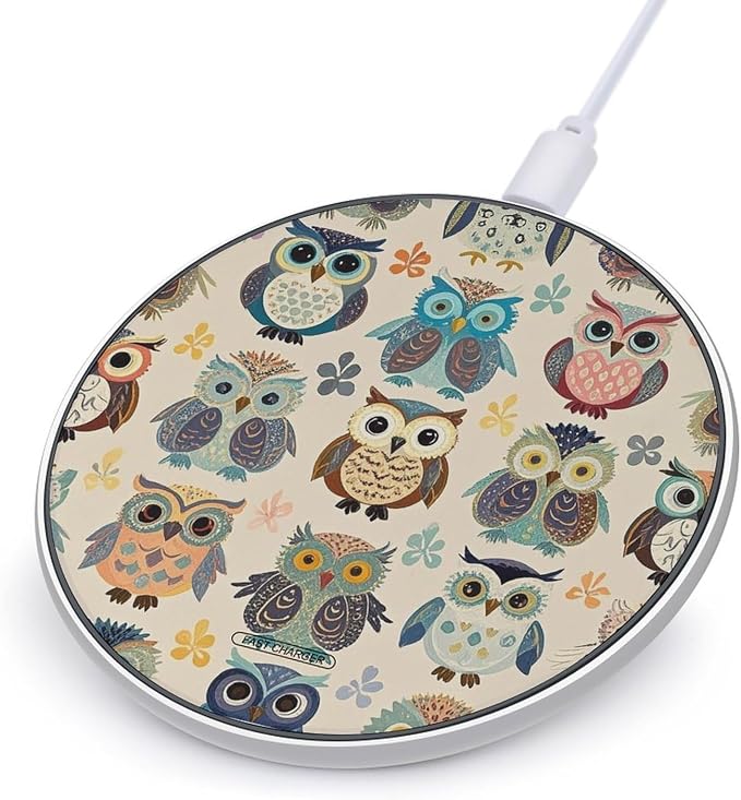 Color Owl Pattern Wireless Charger Portable Fast Charging Pad Lightweight Wireless Charging Pad 10W Slim Charging Station for Phone Charger Mat for Travel Home Office Desk