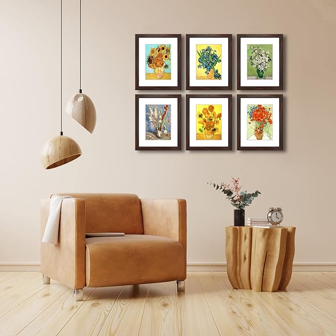 8x10 Picture Frame Set of 6 with Real Glass for Pictures 5x7 with Mat or 8x10 Without Mat, Wall or Tabletop Gallery Photo Frames Walnut