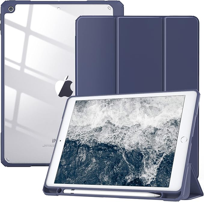 TiMOVO Case for iPad 9th/8th/7th Generation 10.2 inch Black | Pencil Holder Slim Trifold Stand Protective Cover Clear Transparent Back Shell Auto Wake/Sleep