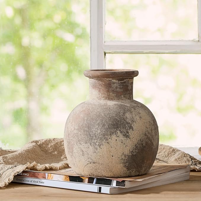 SIDUCAL Ceramic Rustic Farmhouse Vase | 6 Inch Pottery Decorative Flower for Home Decor | Boho Vase | Terracotta for Table, Living Room, Bathroom Decoration, Shelf Decor, Mantel
