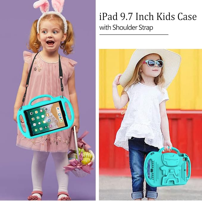 LTROP Kids Case for iPad 5th/6th Generation (2017/2018) &amp Air 2 Shoulder Strap Handle Stand Shockproof Bumper Cute Kid Case for iPad 9.7 Inch Black