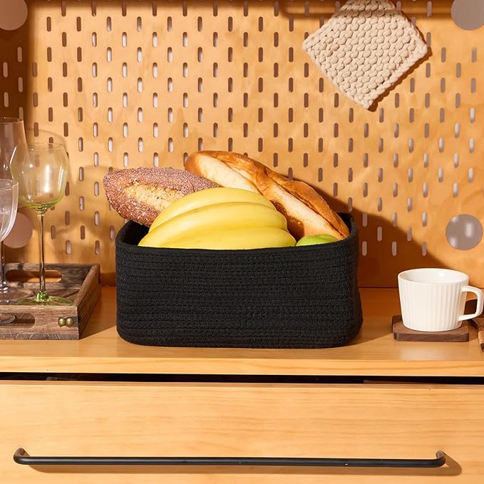 Small Storage Baskets for Organizing | Closet Organizer Bins | Shelf Toy Basket | Woven Rope Baskets | Cube Decorative Box | Shallow Basket | 11.5x7.5x4.7” | 3 Packs Black