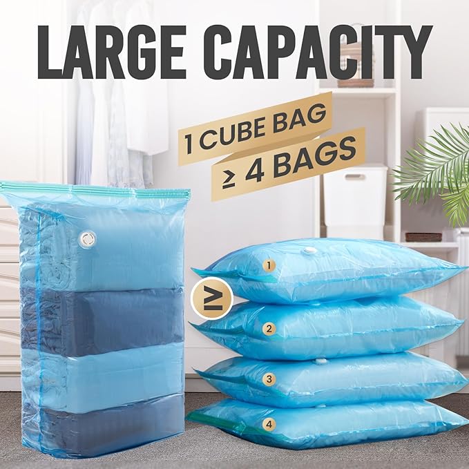 TAILI Vacuum Storage Bags 4 Pack, Jumbo Cube (31x40x15 inch), Large Vacuum Seal Bags for Clothing, Beddings Comforters, Blankets, Pillows, Saving Space in Closet, Blue