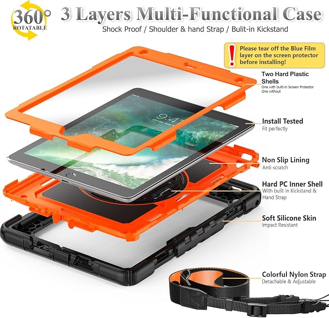 SEYMAC stock Case for iPad 6th / 5th Generation Case/Air 2 / Pro 9.7 inch Heavy Duty Protective with Screen Protector with Pencil Holder Hand Strap Shoulder Strap 360 Rotate Stand Black
