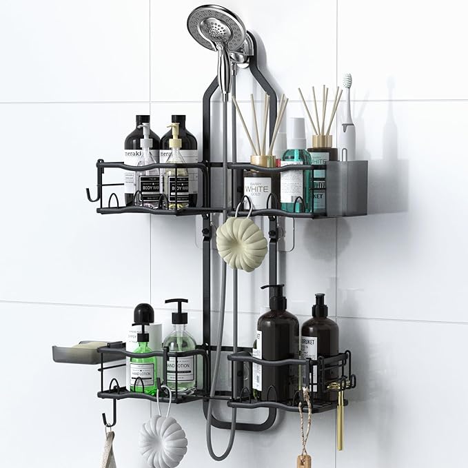 Shower Caddy Hanging Organizer, Rustproof Over Shower Head Caddy Holder with Hooks for Razor/Sponge, No Drilling Bathroom Racks Bath Storage Shelves for Shampoo Soap Towels, Black