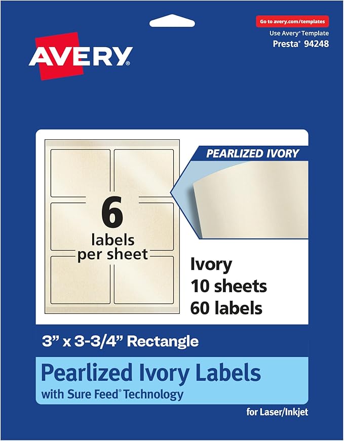 Avery Pearlized Ivory Rectangle Labels, Sure Feed Technology, Print-to-The-Edge, 3" x 3.75", 60 Pearlized Ivory Labels, Laser/Inkjet Printable
