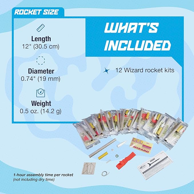 Estes 1754 Bulk Pack of 12 Wizard Rocket-Building Kits, Intermediate Flying-Rocket-Model Kits for Ages 10+, Classroom Science Experiments