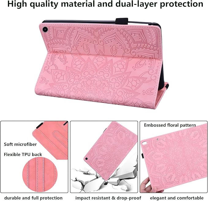 for Kindle Fire HD 8 Tablet (only Fits 10th Generation) &amp Fire HD 8 Plus 8 Case 2020 with Stand/Pencil Holder/Card Pocket/Elastic Band Embossed PU Leather Floral Cover Brown Peacock Flower
