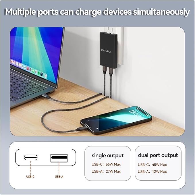 65W Ultra Slim USB C Charger Dual-Port GaN Wall Adapter Fast Charging for iPhone 16/15 Pro Max Galaxy Black