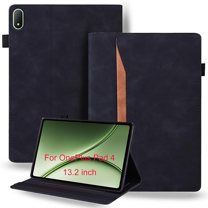 Shockproof Case for OnePlus Pad 3 / OnePlus Pad 2 Pro 13.2 inch Released 2025 - Retro PU Leather + TPU Hybrid Protective Cover with Anti-Slip Grip Strap &amp Card Slots -Black