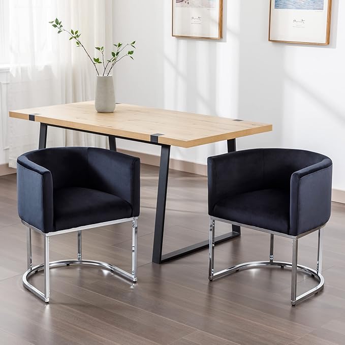 Velvet Dining Chairs Set of 6 Modern Barrel Arm Chairs with Chrome Metal Frame, Upholstered Kitchen Chairs 18.5" Wide Accent Chairs for Living Room Dining Room Restaurant, Black