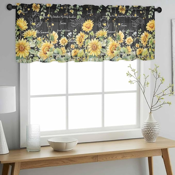 Summer Floral Sheer Valance Curtains, Watercolor Sunflower Eucalyptus Leaves