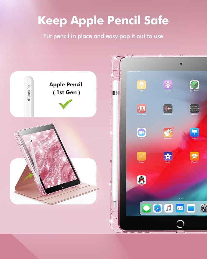 INFILAND Rotating Case for iPad 6th / 5th Generation (2018/2017) iPad 9.7 Inch Case iPad Air 2 / iPad Air 1 360 Rotating Cute Glitter Cover with Clear Back Pencil Holder (Black)