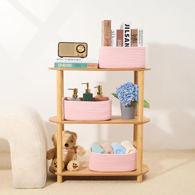 Small Storage Baskets for Organizing | Closet Organizer Bins | Shelf Toy Basket | Woven Rope Baskets | Cube Decorative Box | Shallow Basket | 11.5x7.5x4.7” | 3 Packs Light Pink