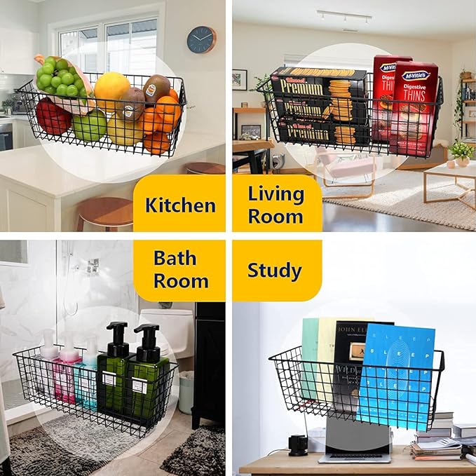 Joben Oligey 3 Set [Extra Large] Hanging Wall Baskets ,Wire Basket For Storage Pantry, Farmhouse Food Storage Kitchen Pantry Laundry Closet Garage RV ,Black