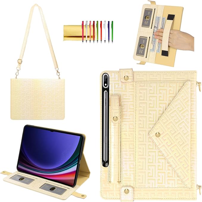 Handbag Case for Samsung Galaxy Tab S10 FE/S9 FE 10.9/S9/S8/S7 11 Techcircle Folio Stand Crossbody Wallet Protective Cover with S Pen Holder &amp Card Slots Hand Strap &amp Shoulder Strap Black