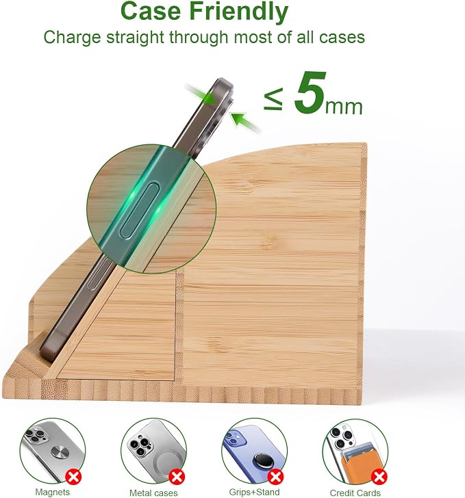 Bamboo Pen Holder for Desk &amp Nightstand Organizer with Fast Wireless Charging for iPhone Samsung &amp More – Office Desk Accessories for Men/Women (Bamboo)