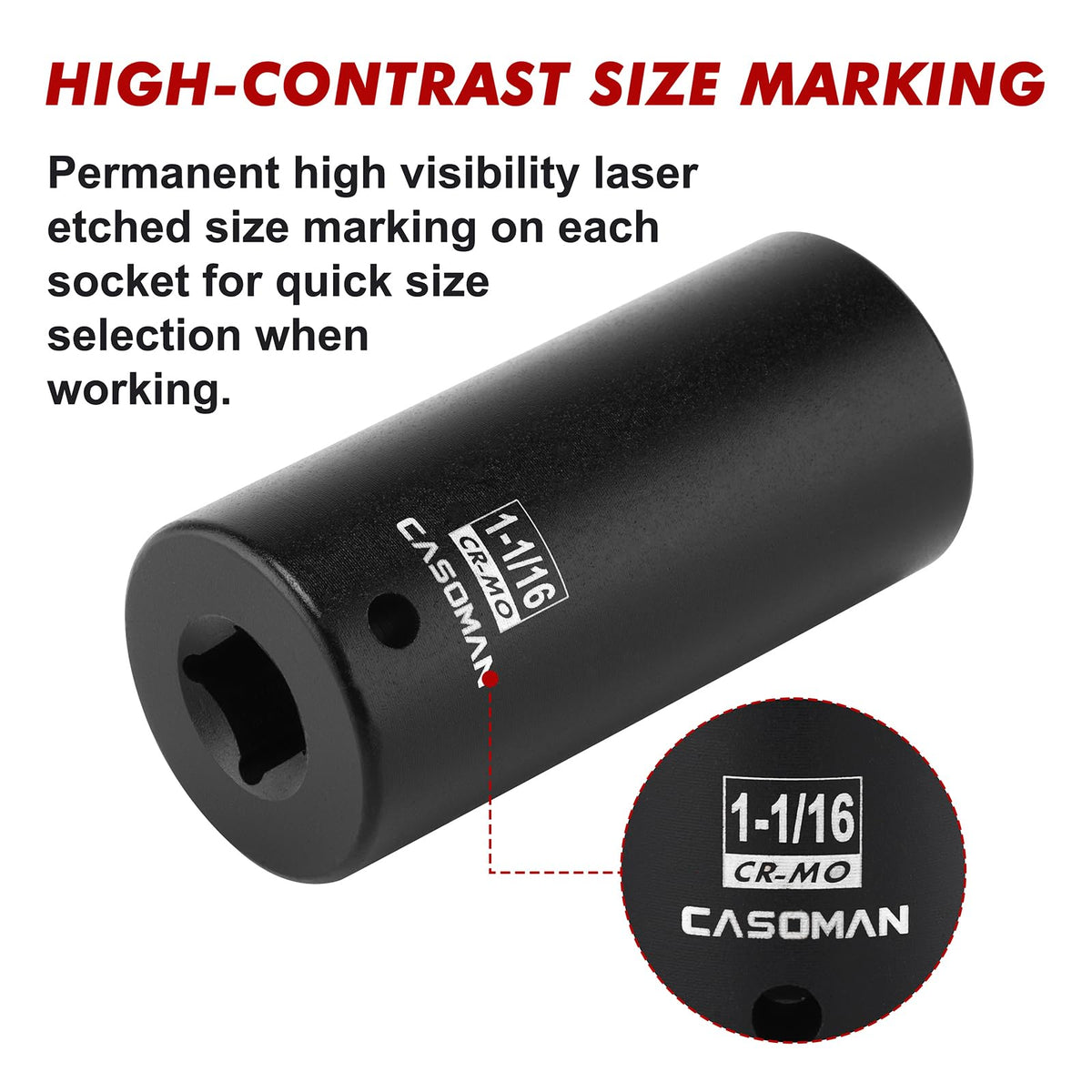 CASOMAN 1/2" Drive x 1-1/16" Deep Impact Socket, 6-Point, SAE, CR-MO