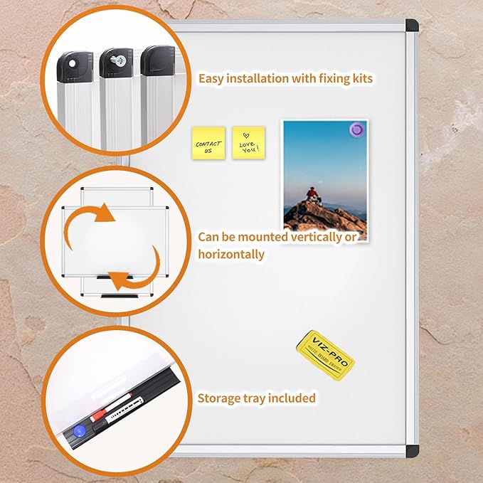 VIZ-PRO Magnetic Dry Erase Board, 48 X 24 Inches, Silver Aluminium Frame