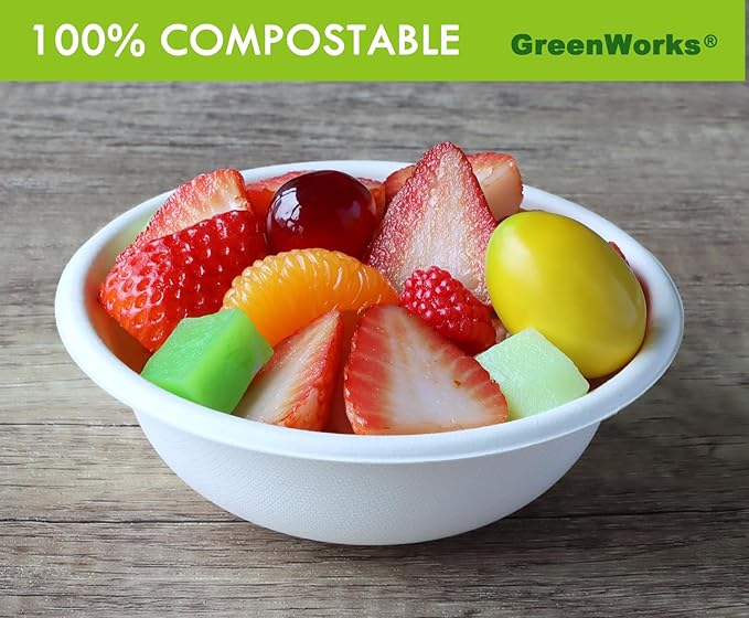 GreenWorks 100 Count 12 OZ Compostable Bowls, Biodegradable Bagasse and Bamboo fiber Paper Bowls