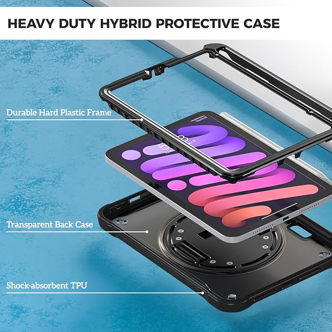 ProCase Rugged Case for iPad mini 7th(A17 Pro) 2024 / 6th Gen 8.3 2021 | Heavy Duty Shockproof Rugged Cover with Hand Strap 360 Degree Rotatable Kickstand Protective for iPad mini 8.3 -Black