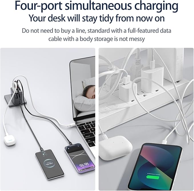 4-in-1 Retractable wall Charger with PD Fast Charging Featuring Dual USB Ports Lightning and Type-C Data Cables a Foldable Four-Port Plug and a GaN Adapter.