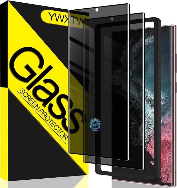 YWXTW [2 Pack] Privacy Screen Protector for Samsung Galaxy S22 Ultra 5G | Support Fingerprint Unlock Anti-Spy 9H Hardness Tempered Glass Film Anti-Scratch with Easy Install Frame Case Friendly