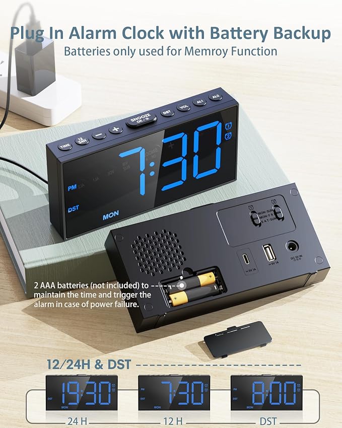 Digital Alarm Clock for Bedroom Heavy Sleepers,7.5''Large Display,2 Alarms,Weekday/Weekend,Electric Bedside Desk Clock,Adjustable Volume,Dual Charging Ports,Snooze,Dimmer,Memory Function,12/24H &DST