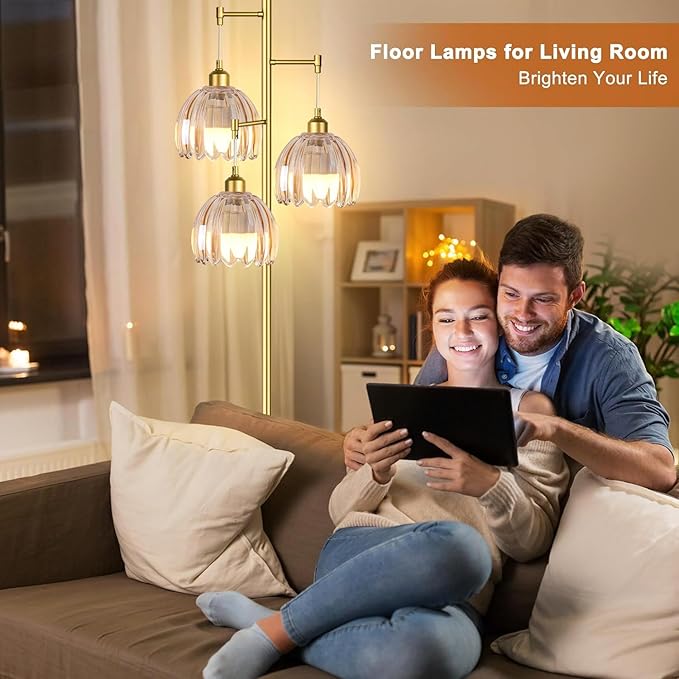 Modern Floor Lamp for Living Room Bedroom-3 Light Gold Floor Lamp with Glass Lampshape, Flower Tall Lamp Glass Standing Lamp Tree Floor Lamps for Living Room Bedroom,Corner