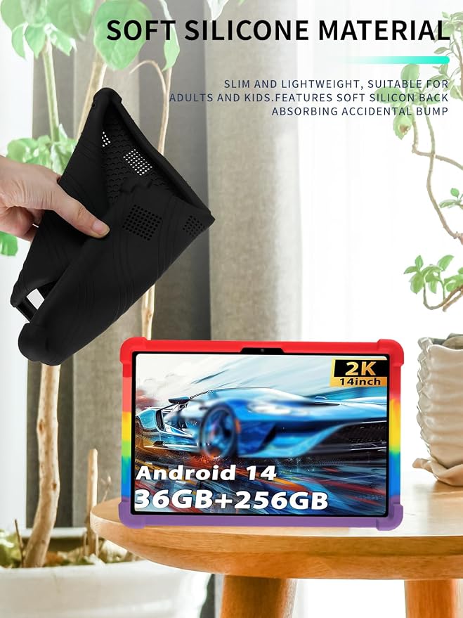 Case for TCL NXTPAPER 14/Callsky-Tech Ctab 14/BEYODFU A140 Tablet 14 inch，WUNIAK Shock Proof Lightweight Stand Rubber Shell Protective CoverKids Friendly Soft Silicone Adjustable Stand CoverBlack