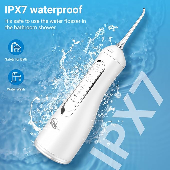 JNGOODS Cordless Water Dental Flosser Oral irrigator,JNGOODS 300ml Rechargeable Water flosser for Teeth IPX7 Waterproof 4 Modes Portable Oral Irrigator with 4 Jet Tips, Travel Home use (White)