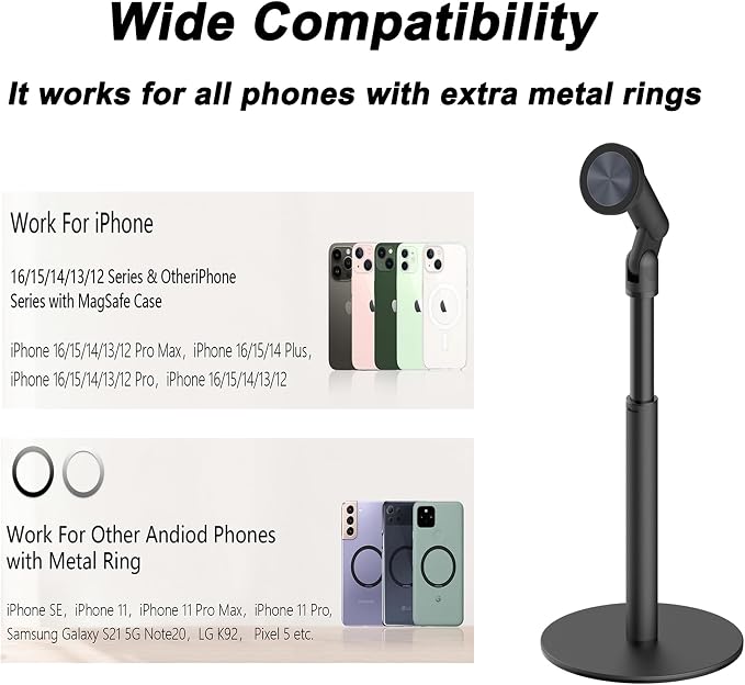 Magnetic Cell Phone Stand for MagSafeHeight Adjustable Holder for Desk | 360°Rotation Compatible with iPhone 17/16/15/14/13/12 Pro Max and All Phones