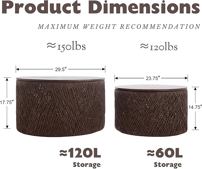Large Round Coffee Table with Storage, Boho Hand-Woven Rattan Coffee Table Set of 2, Drum Circle End Table for Living Room, Bedroom, Small Space, No Assembly Required, Brown