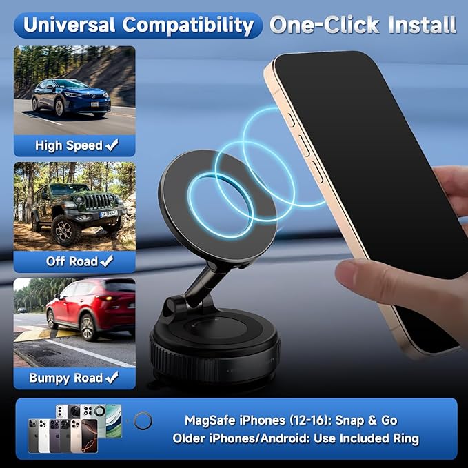 2026 Upgraded Vacuum Magnetic Car Phone Holder 360° Suction Cup Phone Mount for Magsafe Cell Phone Holders, Hands-Free Adjustable Foldable for iPhone 16 Pro Max & All Smartphones Car Gym Mirror
