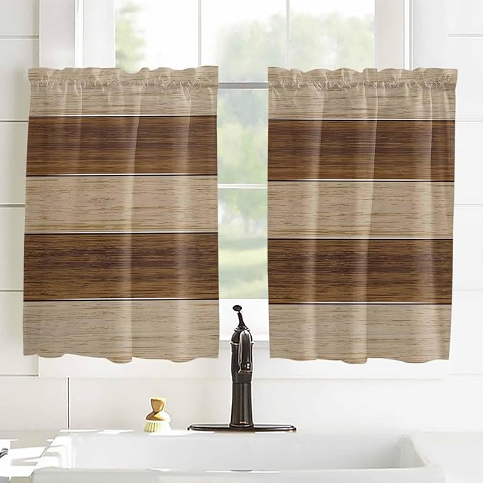 Retro Country Brown Wooden Board Window Valance Curtains, Farmhouse Gradient