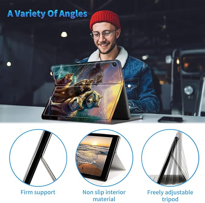 for All-New Kindle Fire HD 10 &amp 10 Plus Tablet (13th/11th Gen 2023/2021 Release) 10.1 + Screen Clean Pad Slim PU Leather Multi-Angle Kickstand Cover with Auto Wake/Sleep Horse with US Flag