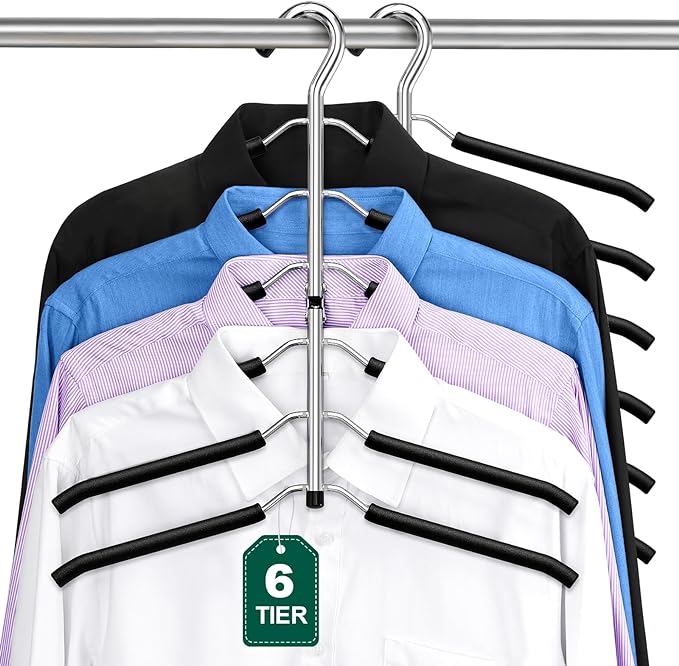 DOIOWN Space Saving 6 Tier Coat Hangers - Non Slip Foam Padded, Black Metal Sweater & T Shirt Hangers for Men & Women, 2 Pack Closet Organizers