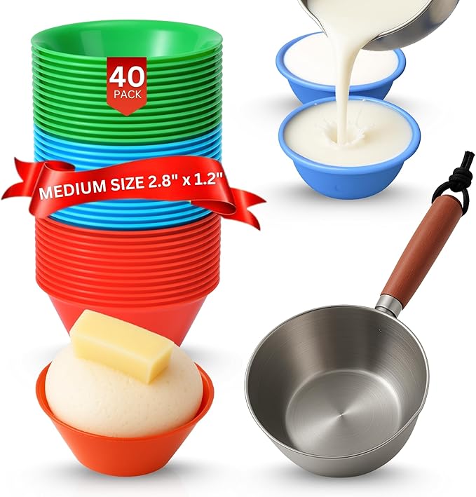 TraditionTools MEDIUM Size (2.8" x 1.2") 40 Pcs Puto Molder Filipino with Pouring Measuring Cup - Kutsinta Molder for Baking - Puto Mold Cups for Steamer - Filipino Plastic Molds for Desserts