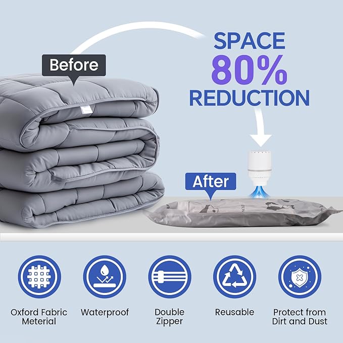 12 Pack Oxford Ripstop Vacuum Storage Bags with Pump, Reusable Space Saver Bags for Clothes, 4 Jumbo + 4 Large +4 Medium Vacuum Bags for Travel, Luggage, Blankets, Quilt