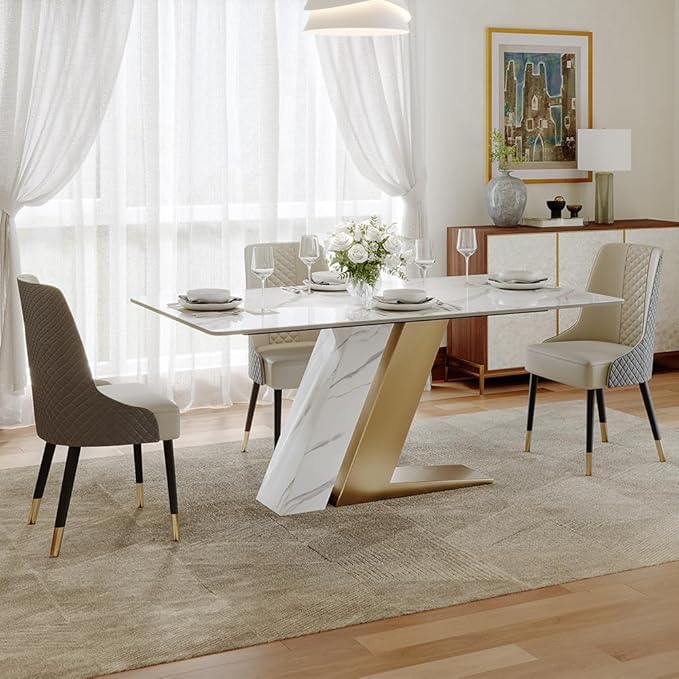 POVISON 63" Modern Dining Table for 4, Gold Dining Table Sintered Stone Dining Tabletop with Z-Shaped Stainless Steel Pedestal, Rectangle Dining Room Table (Table Only)